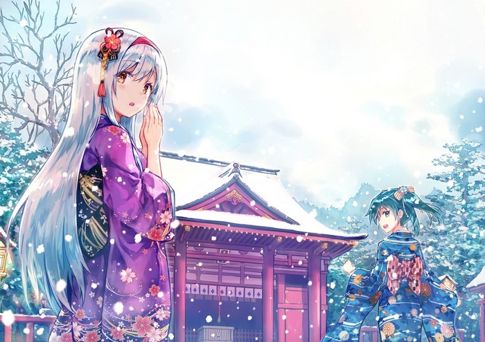Anime girls in kimonos at a snowy shrine