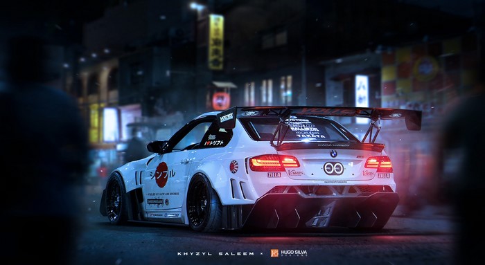 White BMW M3 with widebody kit and large spoiler