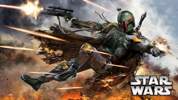 Boba Fett from Star Wars firing a blaster