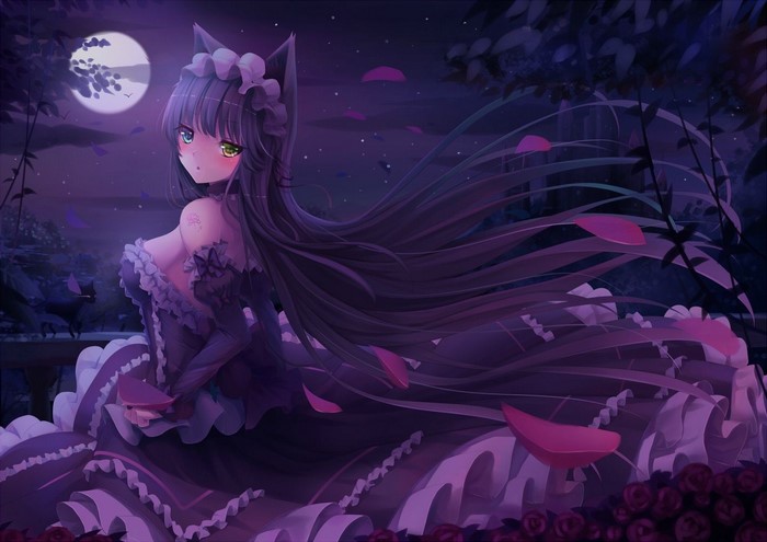 Anime girl with cat ears and heterochromia in a dark garden