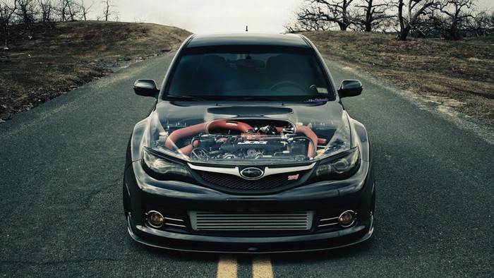Subaru Impreza WRX STI with exposed engine