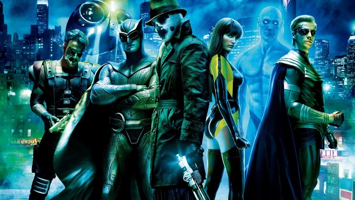 Watchmen movie poster with Rorschach, Dr. Manhattan, and others