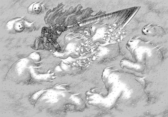 Guts fighting monsters in Berserk