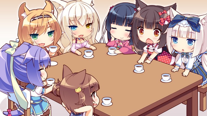 Nekopara characters gathered around a table with coffee