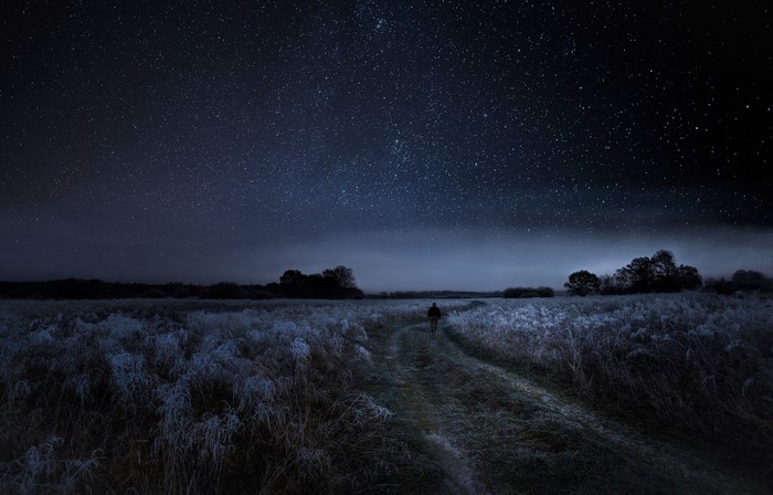 Man walking on a dirt road under a starry night sky