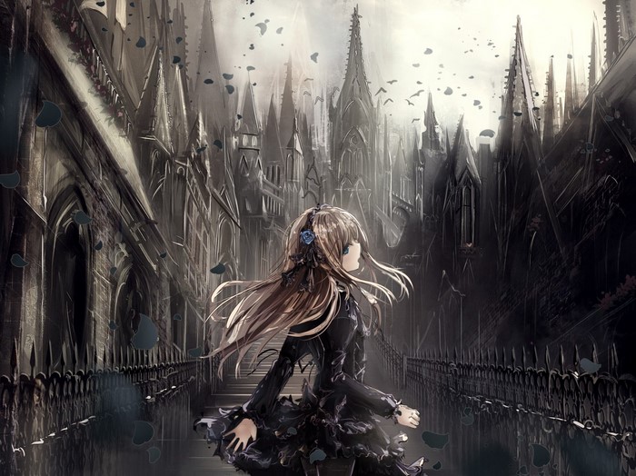 Anime girl in gothic lolita fashion in front of a castle
