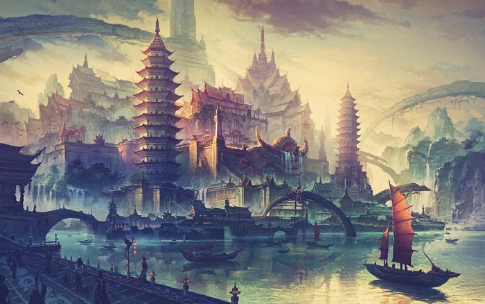 Fantasy Asian Cityscape with Pagodas and Boats