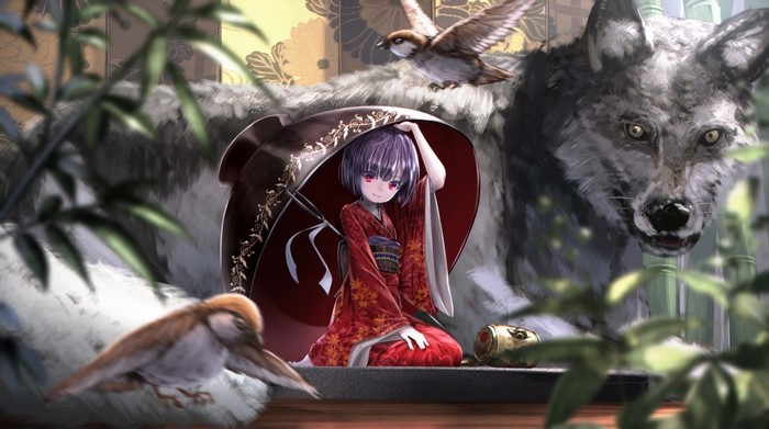 Anime girl in kimono under umbrella with wolf and birds