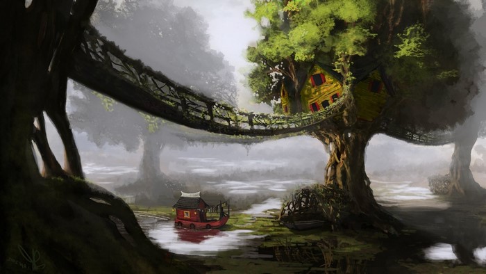 Fantasy art of a treehouse village connected by a bridge over water with a boat