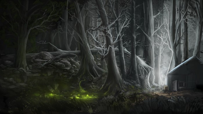 Fantasy forest with glowing mushrooms and a cabin