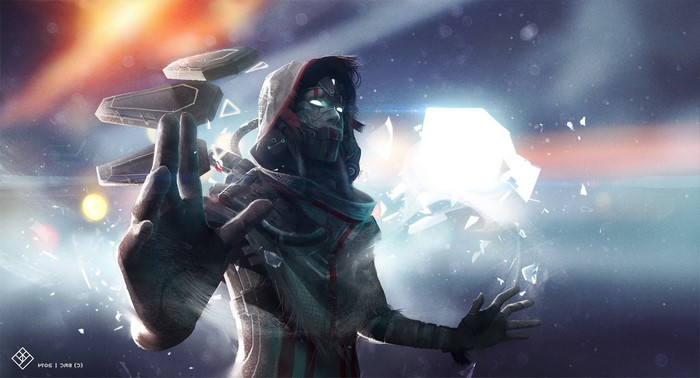 Futuristic cyborg manipulating glowing energy and objects