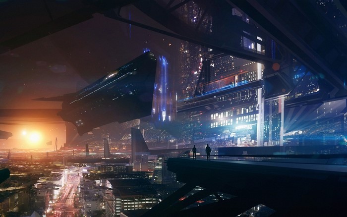 Futuristic city with spaceship and two figures