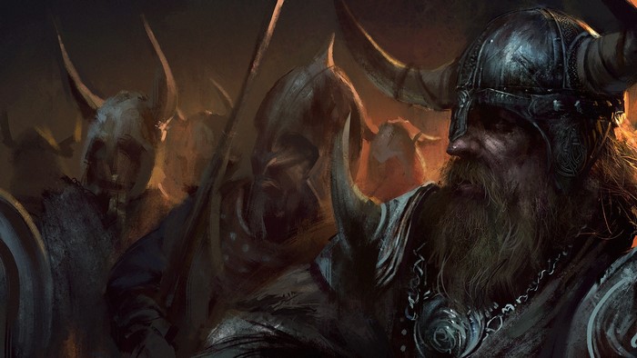 Artwork of Vikings in battle armor