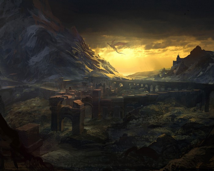 Fantasy art of a dragon flying over ancient ruins at sunset