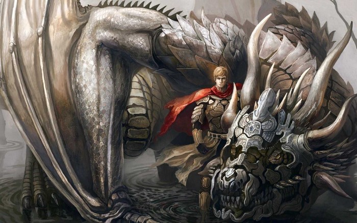Fantasy art of a knight with a dragon
