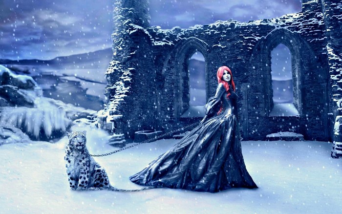 Woman with red hair and snow leopard in winter ruins