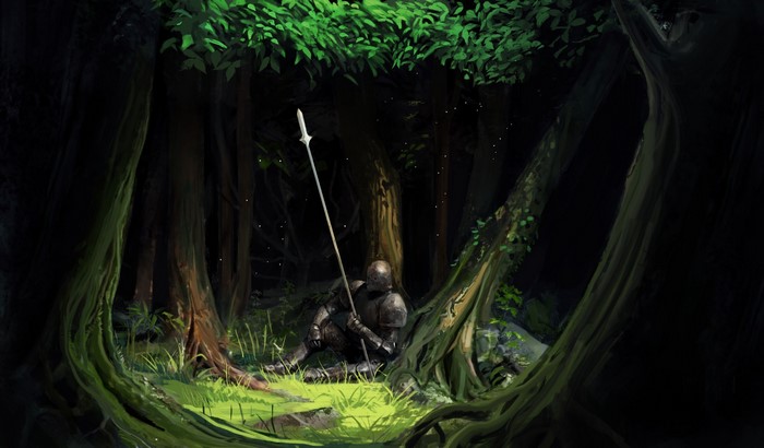 Knight in armor with spear in a dark forest