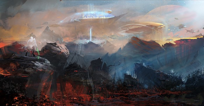 Zeratul from Starcraft II on a rocky planet with alien ships