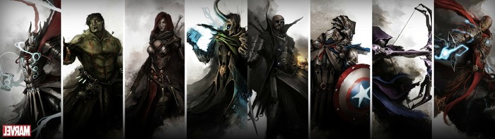Marvel characters: Thor, Hulk, Black Widow, Loki, Nick Fury, Captain America, Hawkeye