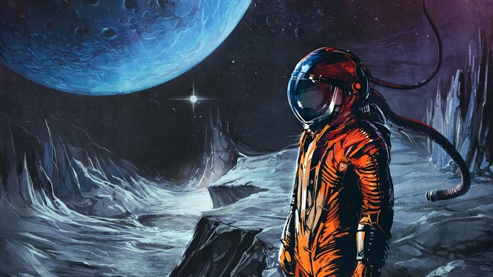 Astronaut on an alien planet with a large blue planet in the sky