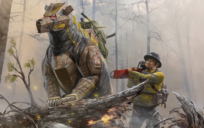 Futuristic Soldier with Robotic Wolf in Misty Forest