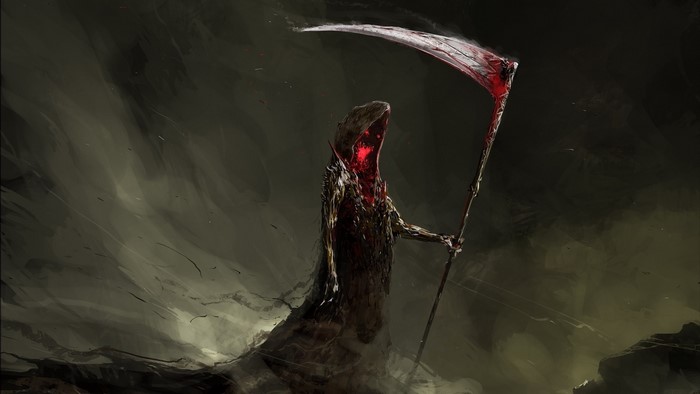 Grim Reaper with Bloodied Scythe in Dark Fantasy