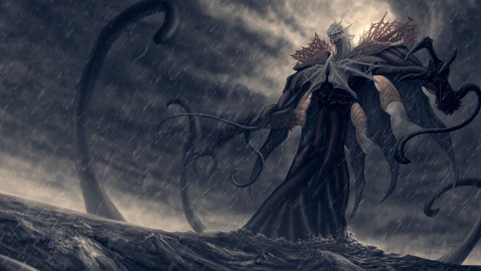 Kraken Rising from Stormy Seas