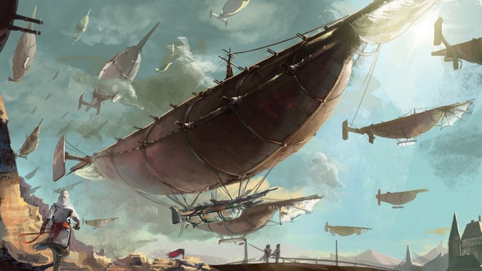 Fantasy art of airships over a city