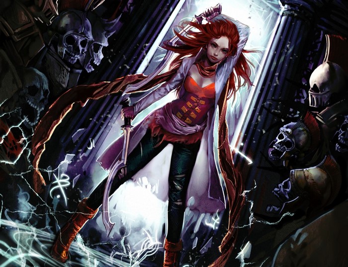 Fantasy warrior woman with red hair and sword