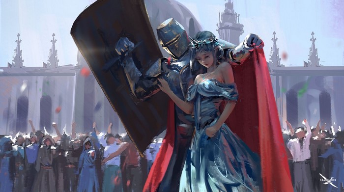 Knight with a woman in a blue dress