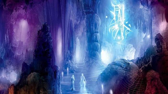 Fantasy cave with glowing crystals and figures