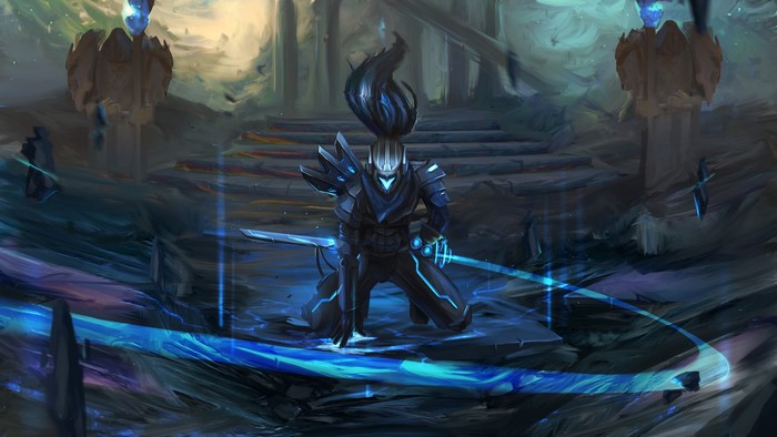 Yasuo from League of Legends kneeling with glowing sword