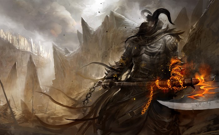 Demon warrior with flaming axe from Guild Wars 2
