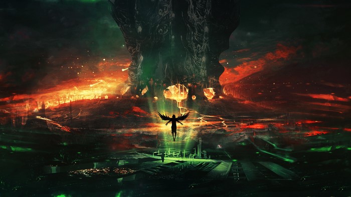 Dark Angel Facing Fiery Hellscape