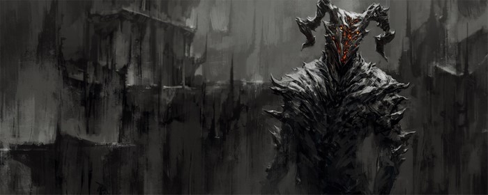 Dark demon creature with horns in a desolate landscape