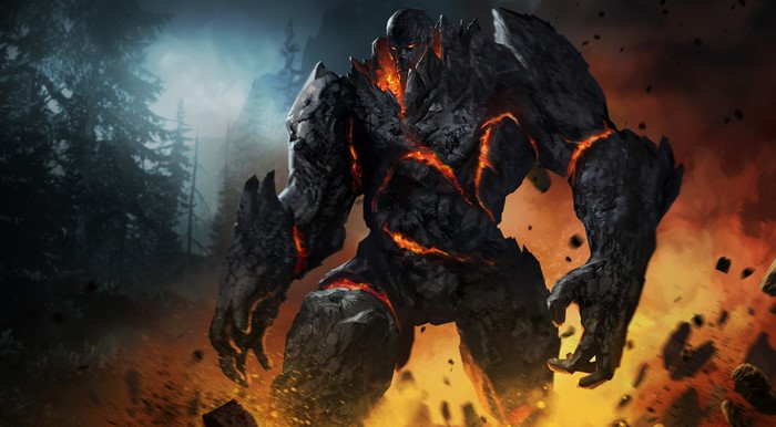 A massive lava golem in a dark forest