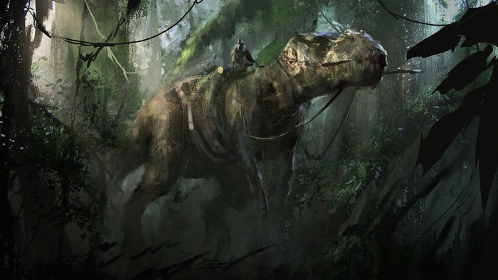 Man riding a Tyrannosaurus Rex in a jungle