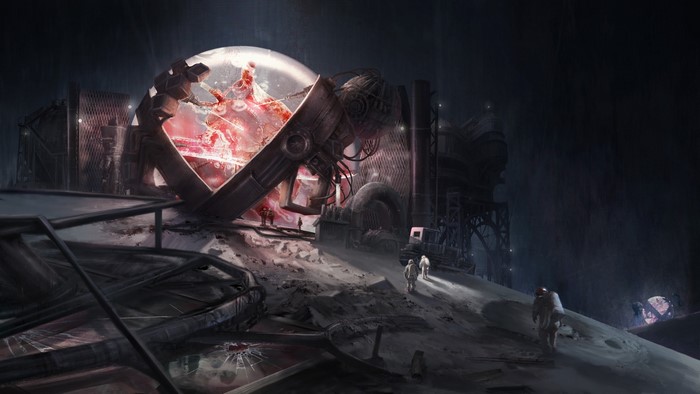 Futuristic science fiction scene with astronauts and damaged machinery