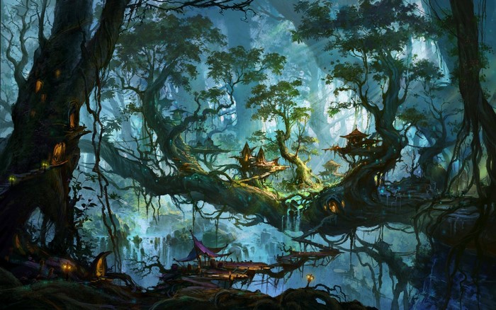 Fantasy forest with treehouses and waterfalls