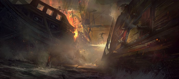 Pirate ships in a naval battle with fires and explosions