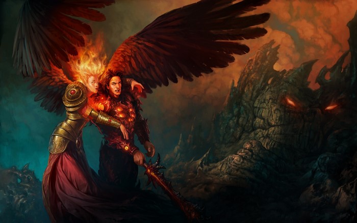 Heroes of Might and Magic artwork with winged figures and demon