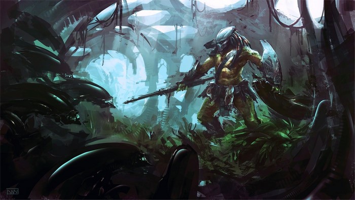 Predator fighting Aliens in a dark, alien environment