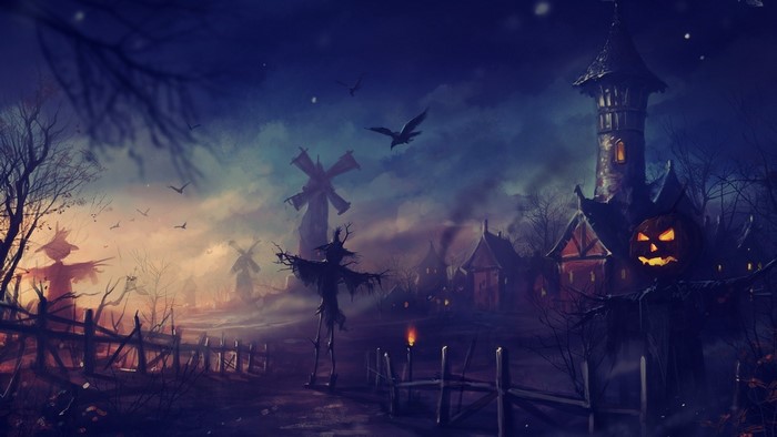 Halloween village with scarecrows and a haunted house