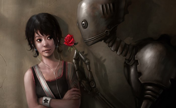 Girl receives a rose from a robot