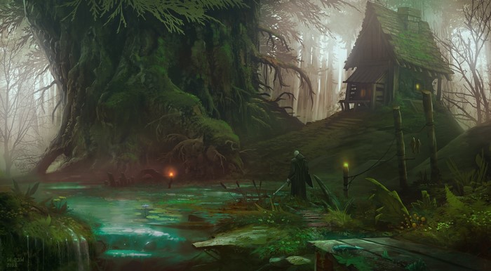 Fantasy forest with a cabin and a lone figure