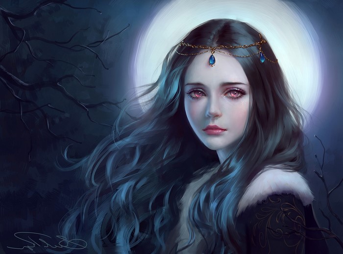 Mystical Gothic Woman with Flowing Blue Hair