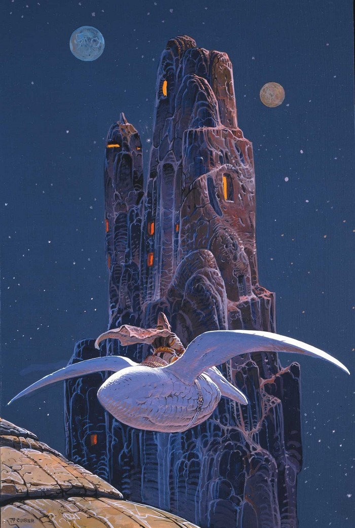Arzach riding a bird creature near a rocky tower