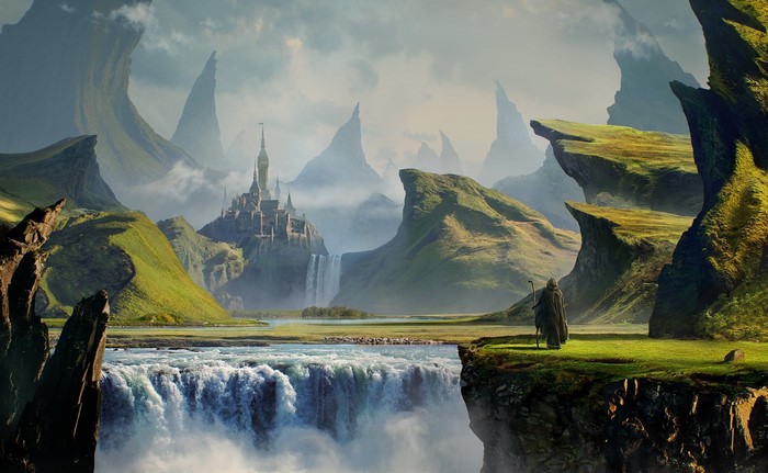 Fantasy landscape with castle and waterfall
