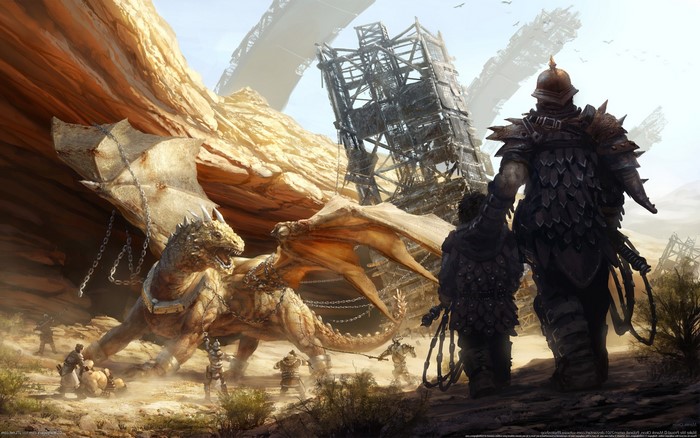 Fantasy art of a dragon and armored figures in a desert landscape