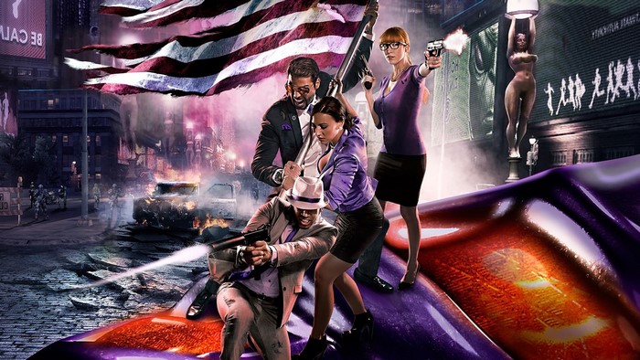 Saints Row IV characters holding American flag in burning city